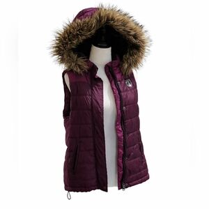 American Eagle Womens L Purple Zip-Up Quilted Puffer Vest Faux Fur Hood